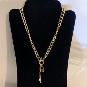 Golden Lock & Key Pendant Necklace Thick Chain Links with Toggle Clasp